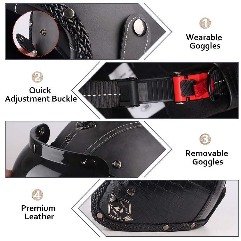 UCHOOSE retro Motorradhelm PU Leder offen Gesicht 3/4 Zerhacker Fahrradhelme klassisch Casco Moto Jahrgang