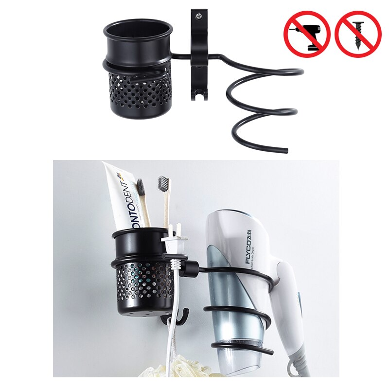 Föhn Houder Met Cup Huishoudens Muur Opslag Badkamer Accessoires Föhn Plank Metal Black Föhn Rack EL1035: 02