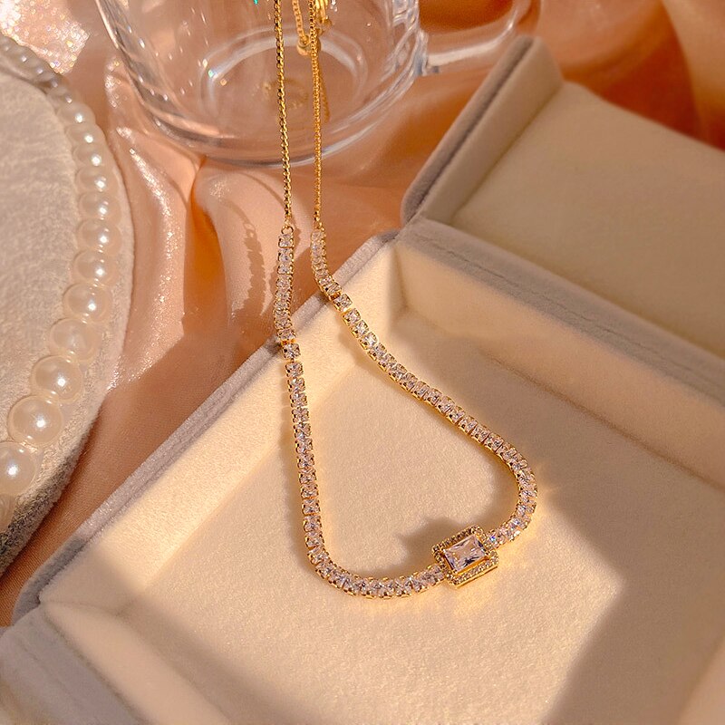 Trendy Exquisite 14K Real Gold Plated Geometrische Vierkante Zirkoon Ketting Voor Vrouwen Meisje Sieraden Aaa Zirkoon: Gold