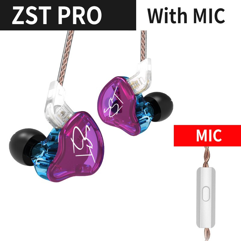 Kz zst/zst pro zst x 1dd + 1ba híbrido in-ear fone de ouvido com cancelamento de ruído fone de ouvido com microfone cabo de substituição zsx zs10pro zsnpro zstx: Purple with mic ZST