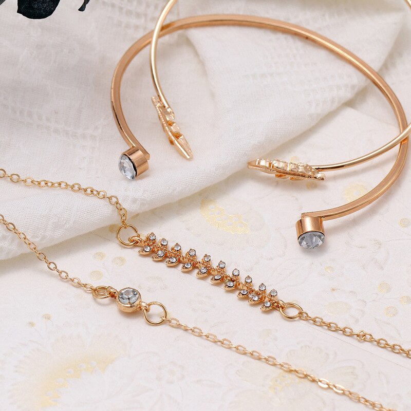 4 Pcs/set Women's Crystal Leaves Geometric Chain Gold Bracelet Set Bohemian Vintage Jewelry Whole