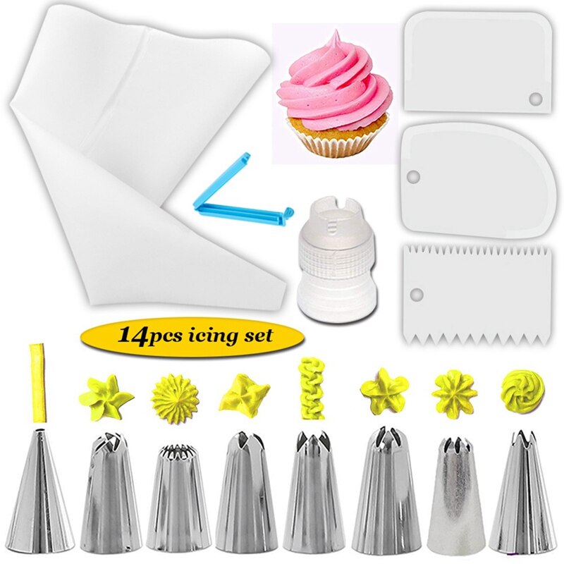 Bakken Tools 14 Delige Set Met 8 Decorating Nozzles Cake Decoratie Decoratie Tool Met Uitstrijkje Schraper Converter: WT