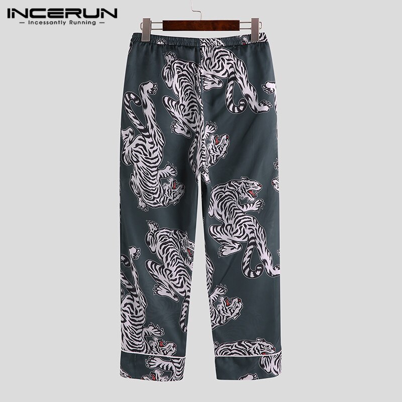 INCERUN Printing Men Sleep Bottoms Pants Silk Satin Leisure Pajamas Comfortable Sleepwear Vintage Men Lounge Pants S-5XL