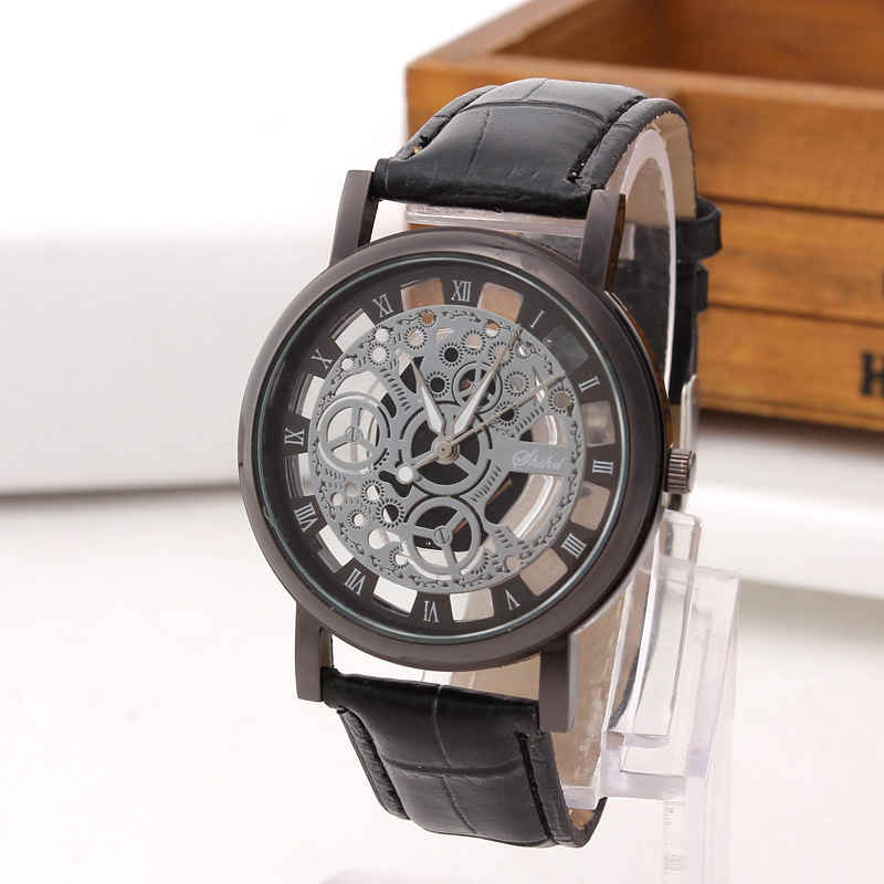 Foloy Watch For Men PU Leather Band Hollowing out Analog Alloy Quartz Wrist Watches Men Watch Clock: 3