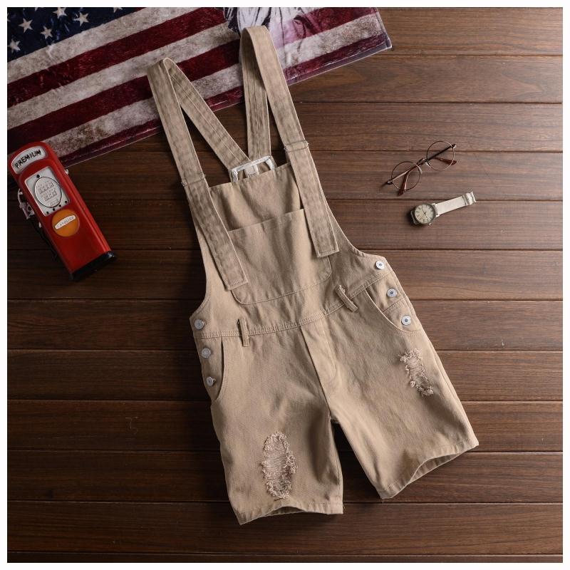 Summer Men's Shorts Bib Overall Jeans Short Male Casual Ripped Denim Jumpsuits Jeans Shorts Pants Khaki White Black