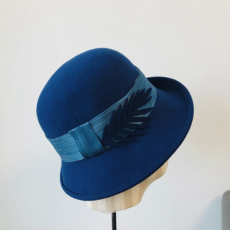 Vinter dam hattar rund fedorahatt för kvinnor uppåtgående brätte band blad klocka kyrka bröllop bowler hatt retro ull hattar: Kungsblå