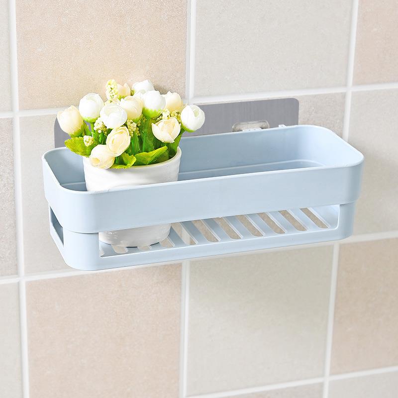 Bathroom Shower Shelf Rectangular Basket Plastic Suction Cup Storage Rack Shampoo Holder Household Kitchen Organizer Punch Free: Blue