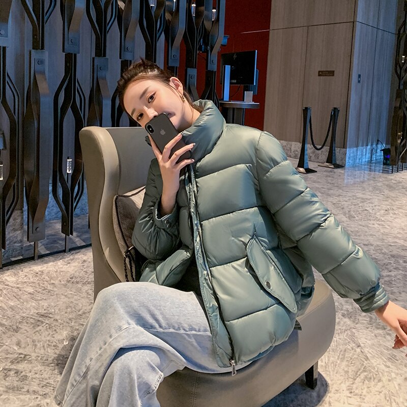 Solide Col Montant Courtes Oversize Veste Hiver Femme Doudoune Mat Parkas Épaissir Fermeture Éclair Décontracté Outwear Femmes: green / XL