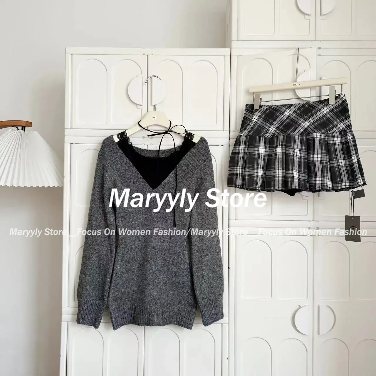 Conjunto de 3 piezas de Falda de punto Vintage para mujer, suéter gris informal, Tops + Chaleco de encaje para niña + minifalda a cuadros, ropa de invierno, otoño