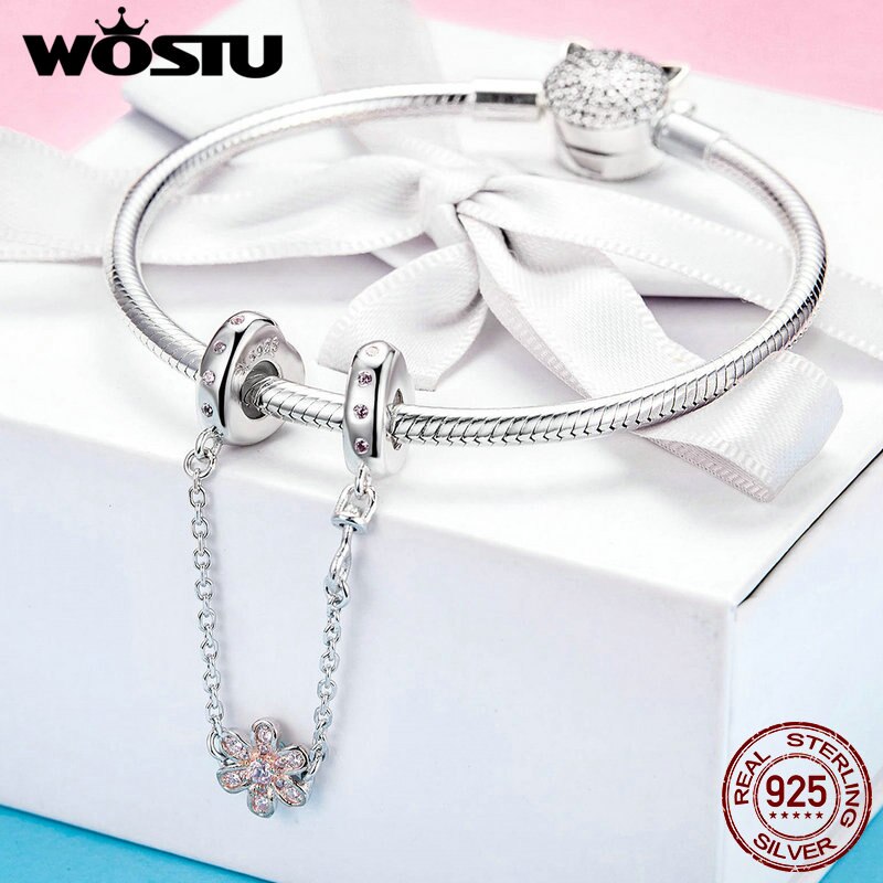 WOSTU Europäischen 925 Sterling Silber Blume Sicherheits Kette Reize passen Ursprüngliche Armbinde Anhänger Perlen Für Schmuck Machen CQC1113