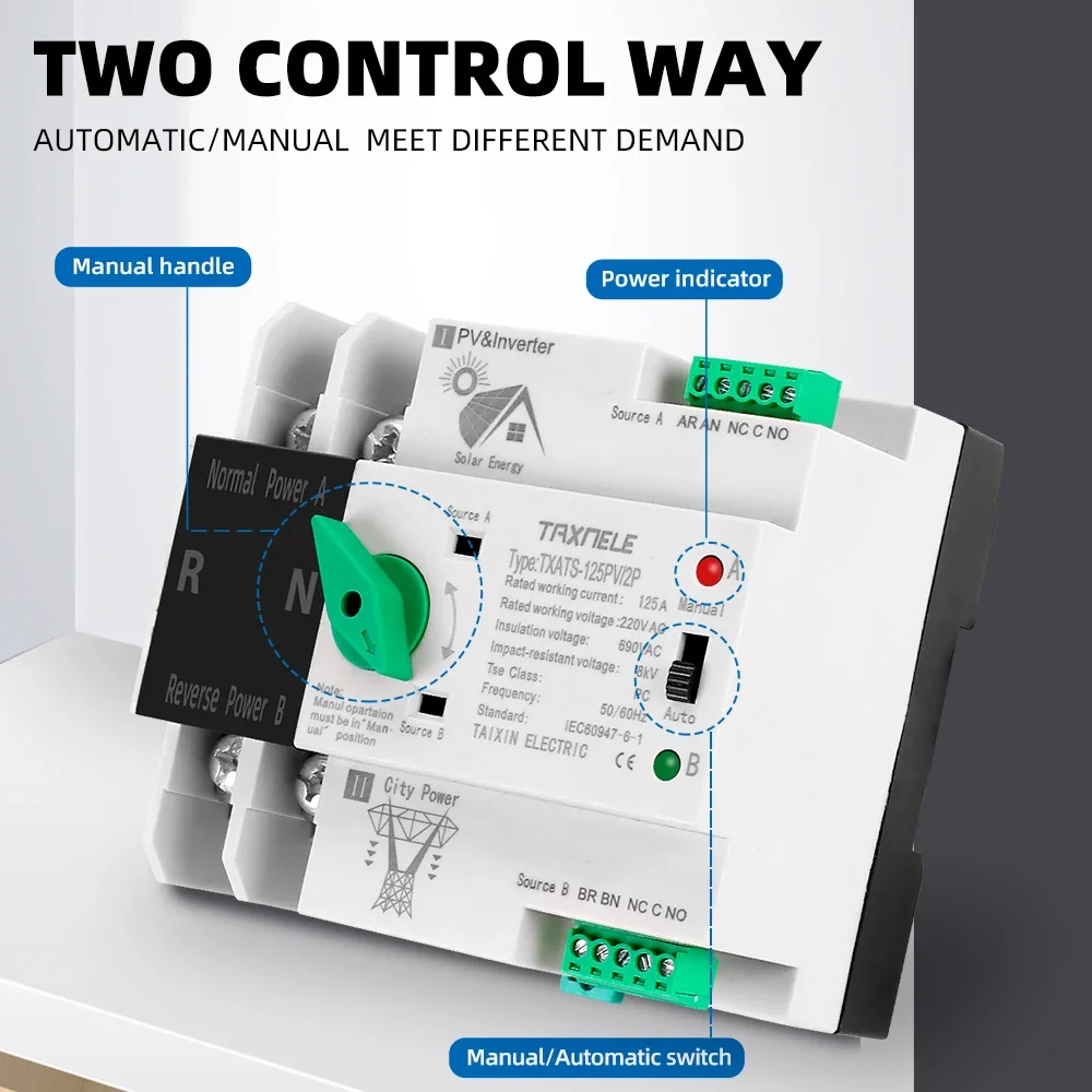 Lärm Schiene ATS PV Solar- Wandler Dual Energie Automatische Transfer Wahlschalter Unterbrechungsfreie 2P 63A 100A 125A Photovoltaik