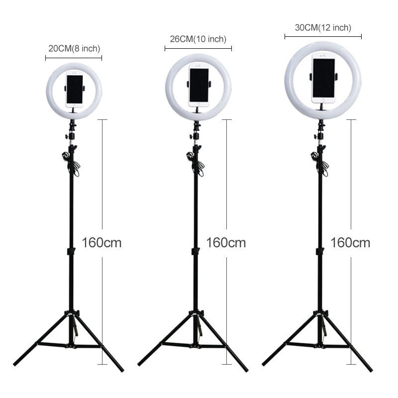 12 inch led selfie ringlamp fotografielamp 30cm ringlampen met telefoonhouder 1.6m statiefstandaards voor make-up video live studio