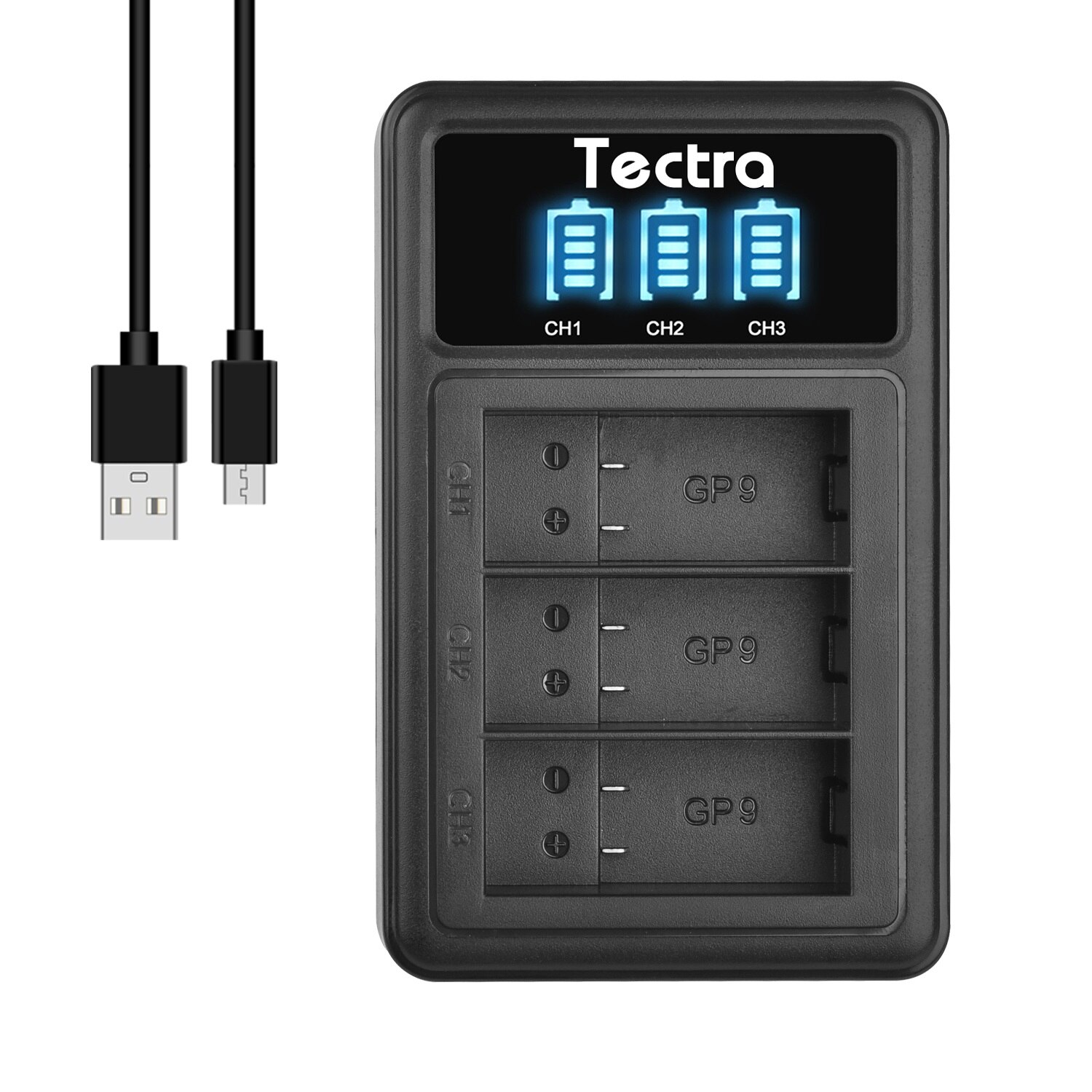 Tectra 3-Slots Led Licht Batterij Oplader Voor Gopro Hero 9 Zwart, Hero 10 Vervanging Batterijen