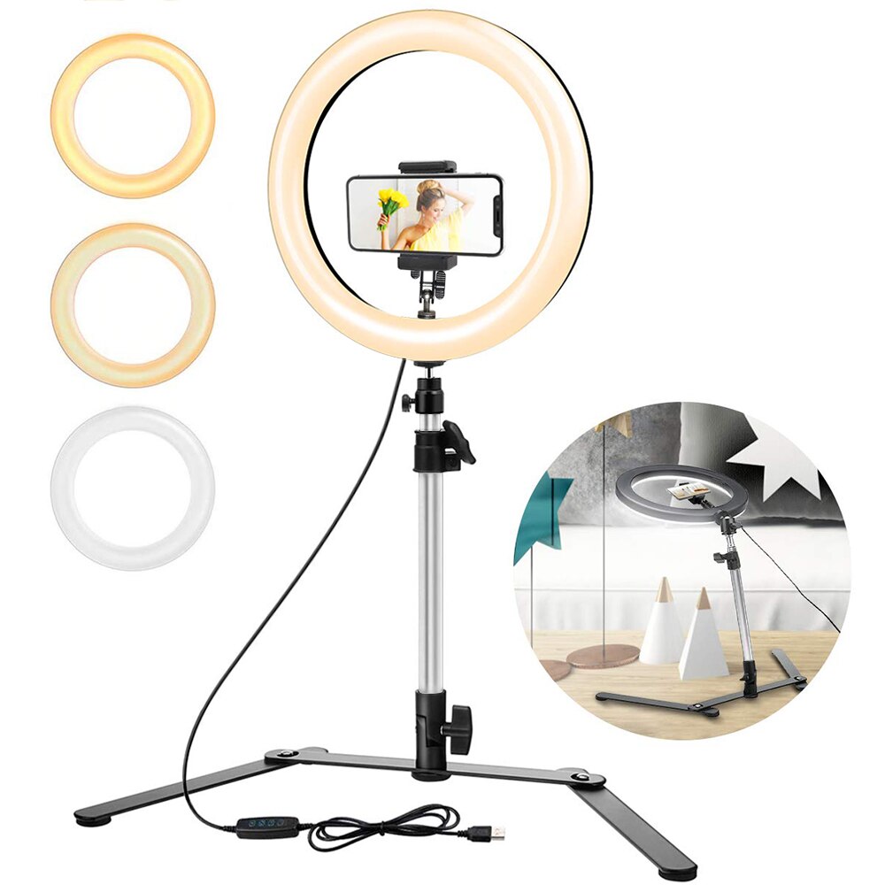 10-13 pollici LED Ring Light con treppiede telefono Video Selfie Ring Lamp dimmerabile fotografia luci rotondo Flash Ringlight per Tiktok: 10inch With Stand 2