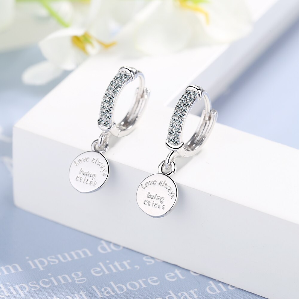 ANENJERY Silver Color Round Disc English Letters Hoop Earrings Sparkling Cubic Zircon Earring S-E1079