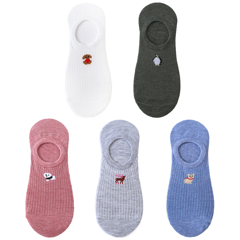 5 pares de 10 piezas calcetines de de primavera calcetines de algodón con bordado de animales de dibujos animados para mujer calcetines tobilleros divertidos deportivos informales: Azul marino