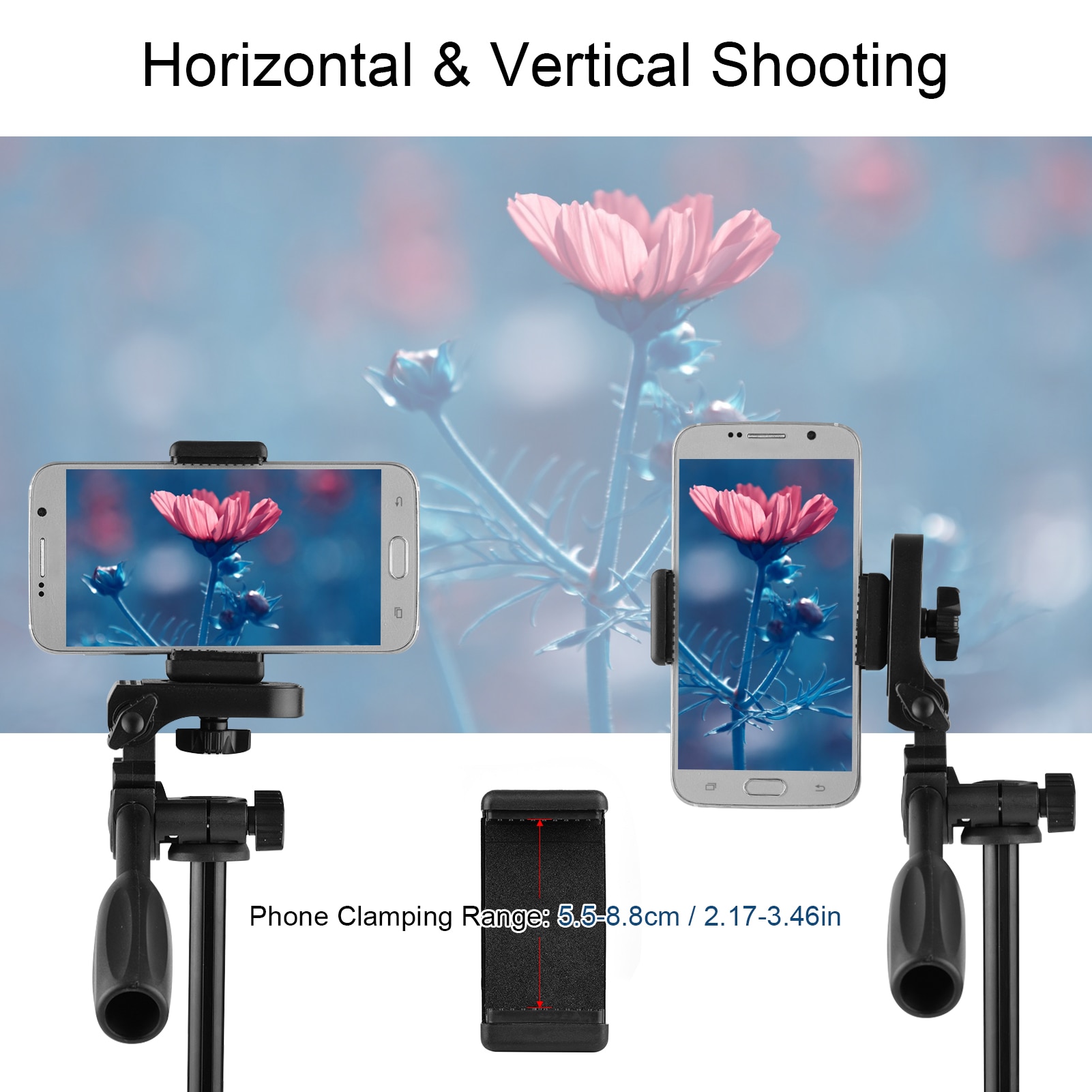 Photography Tripod Stand Aluminum Alloy 115cm 3-Section 3KG Payload 3-Way Pan Head 1/4 Mounting with Bubble Level Phone Clamp
