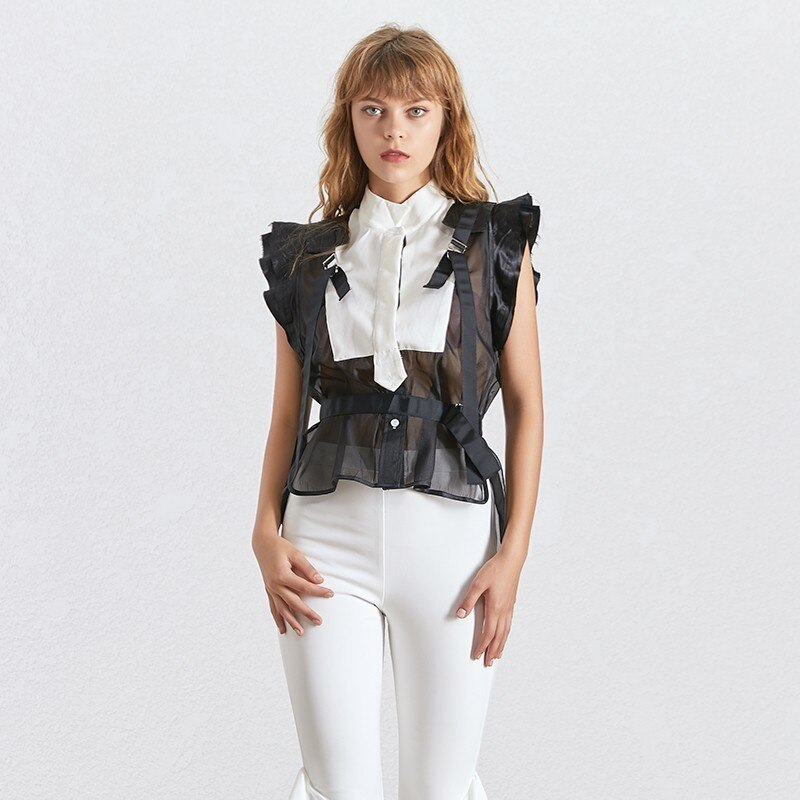 Twotwinstyle raidallinen hihaton naisten pusero seisontakaulus olkapäältä side tunika paita naisten vaatteet kesä