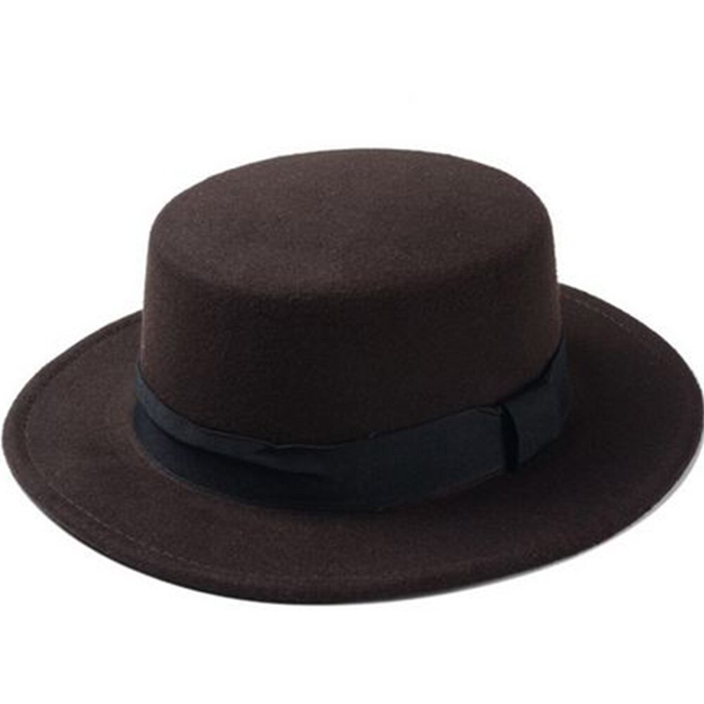 Wool Boater Flat Top Hat For Women Felt Wide Brim Fedora Hat: Deep coffee