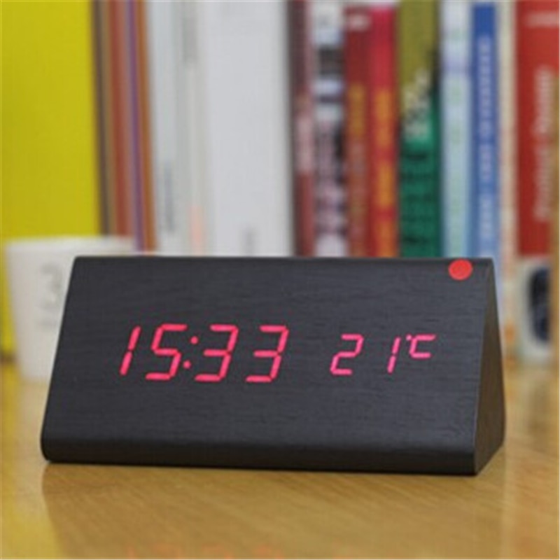 triangular wooden clock,sound control,thermometer,4 color LED display,digital desktop bedroom alarm clock on desk
