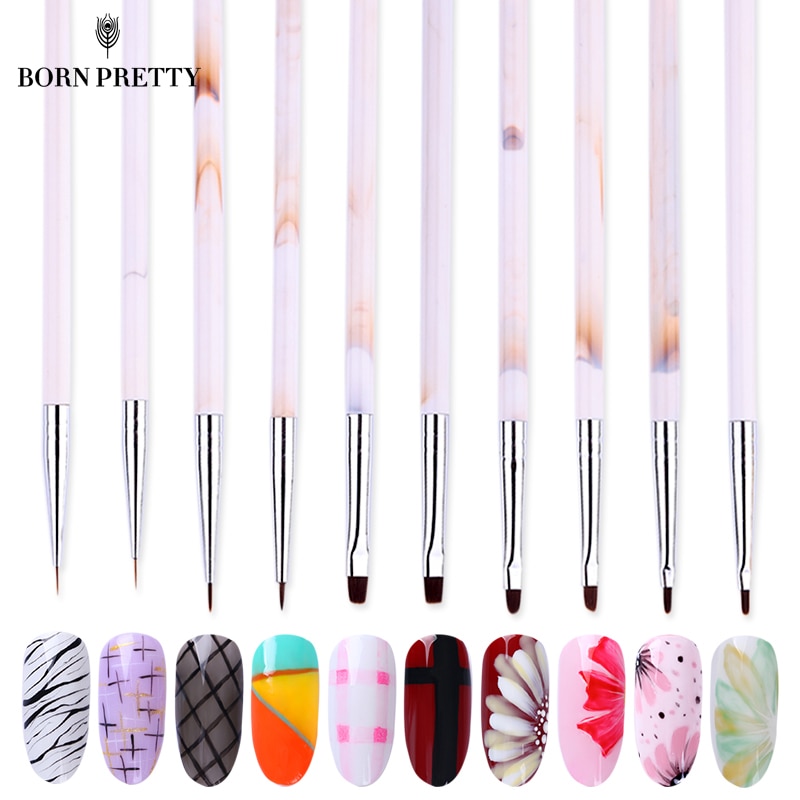 Marmorhandtag nagelkonst akrylborste uv gel liner ritpenna blomma carving måla penslar nail liner diy nail art verktyg