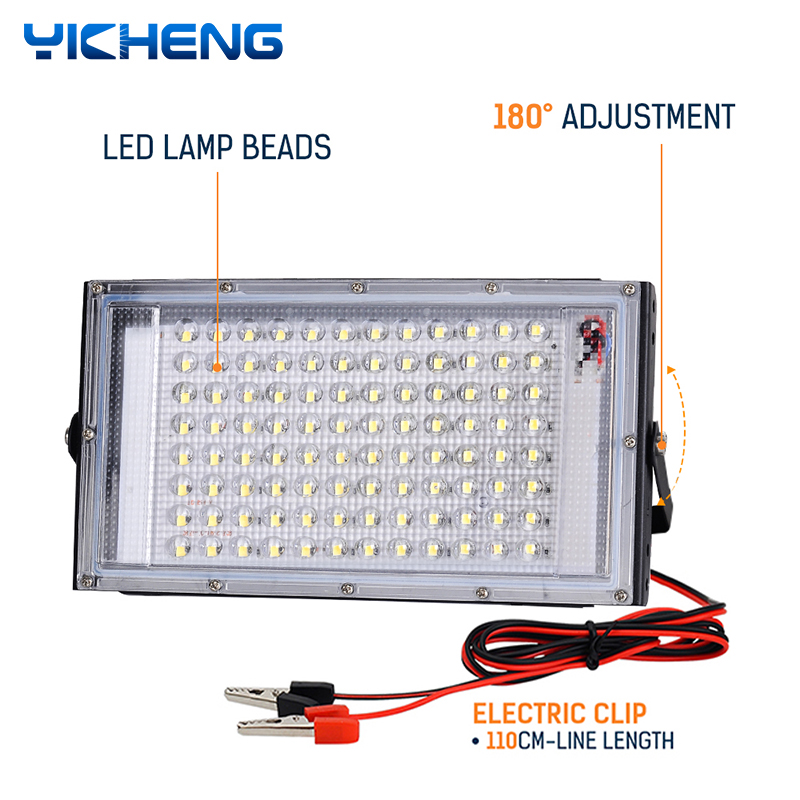 Dc 12V Led-Schijnwerper 50W 100W Elektrische Clip Oplader Led Noodlamp Led Buitenverlichting Voor Kamperen Wandelwerk