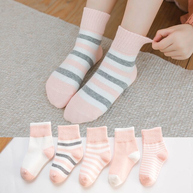 5 Pairs/lot Xxx Boys Girls Stripe Socks Infant Baby Children Teens Sports Short-tube Breathable Cotton Autumn Winter Unisex: pink stripe / S