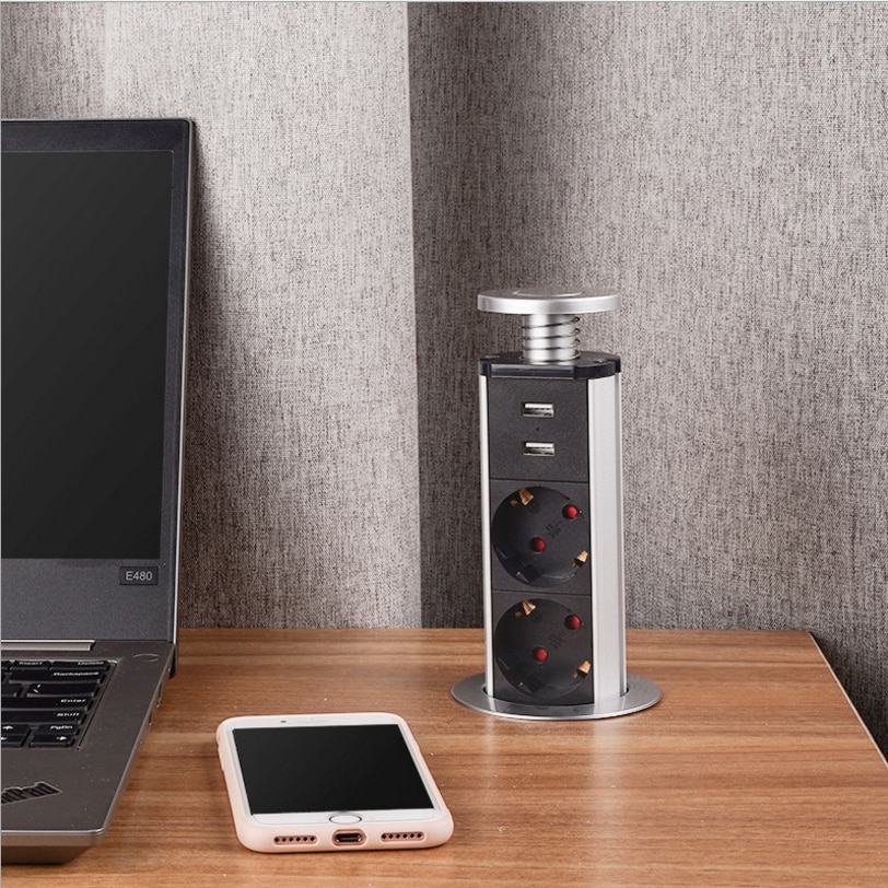 EU Plug Desktop Lifting Socket Embedded Home Office Telescopic 2USB 3 Power 220v 16a Table Hidden Pull Up Sockets