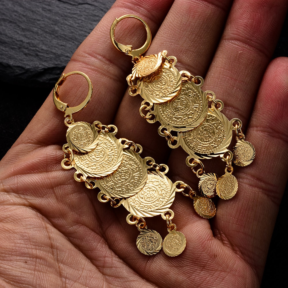 Arab Dubai Metal Gold Color Coin Earrings For Women Girl Middle East African tassel bride Jewelry E67
