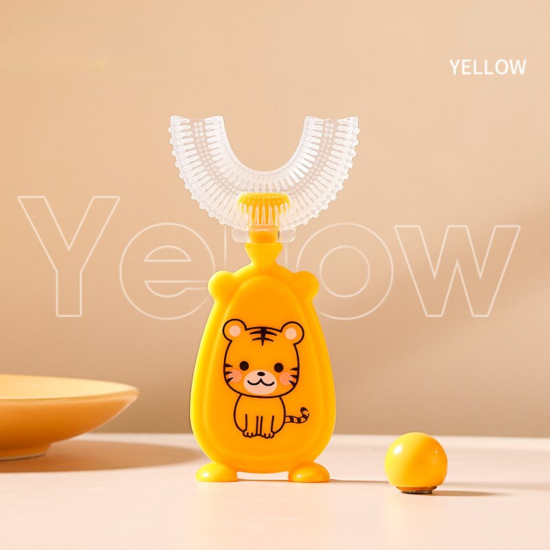 2-8Y Cute Animal Kids spazzolino a forma di U spazzola in Silicone per bambini 360 spazzolino da denti filo per bambini spazzolino da denti U spazzolino da allenamento: yellow tiger
