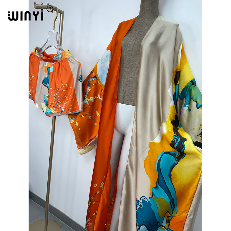 WINYI zwei-stück anzug Boho Gedruckt Über Größe V-ausschnitt langarm Kleid Frauen Seide gefühl Bodenlangen Neue kleid