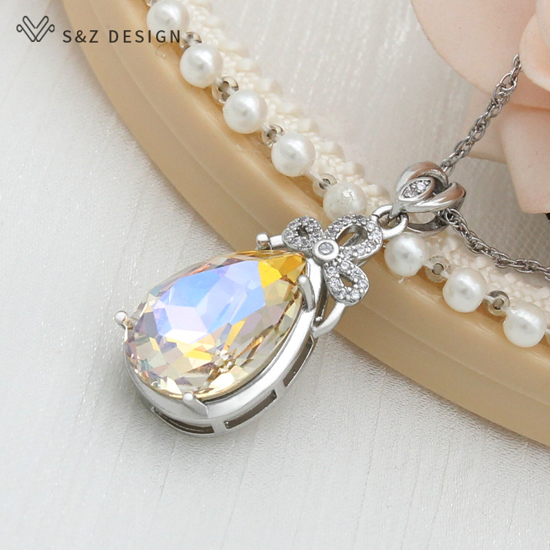 S & Z uco-Collier pendentif goutte d'eau en cristal coloré pour femme, or rose 585, bijoux de mariage,: Plaqué platine