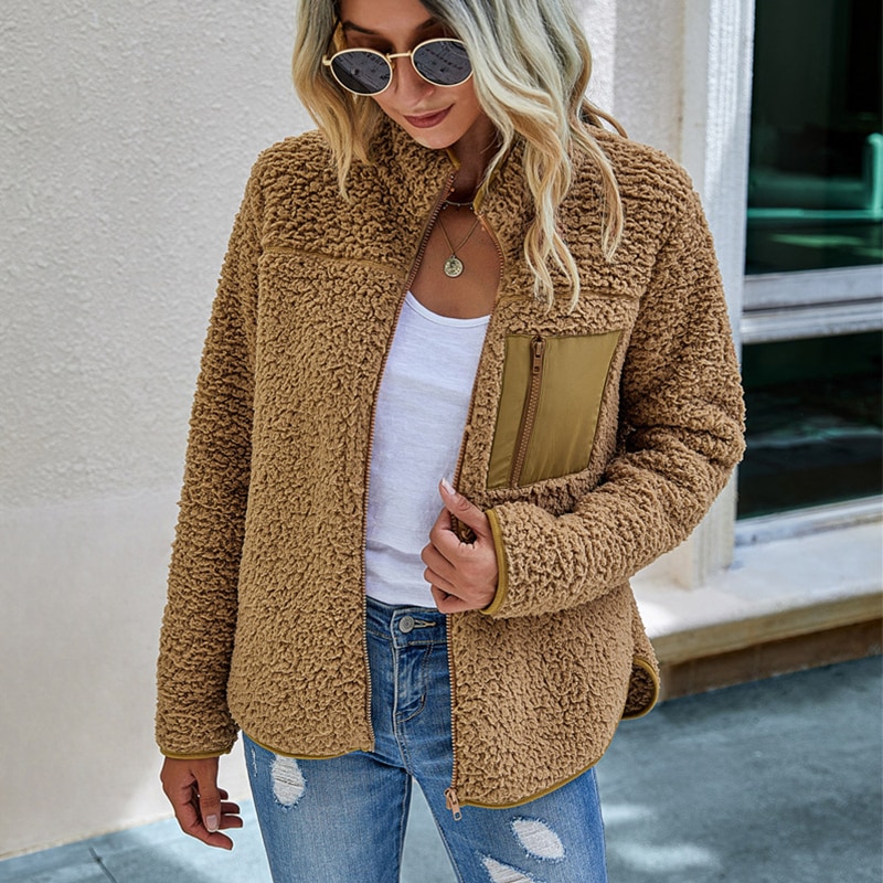 Chaqueta de lana de mujer para senderismo, abrigo de algodón liso con cuello levantado diario, Bolsillo grande, térmico y suave, primavera y otoño