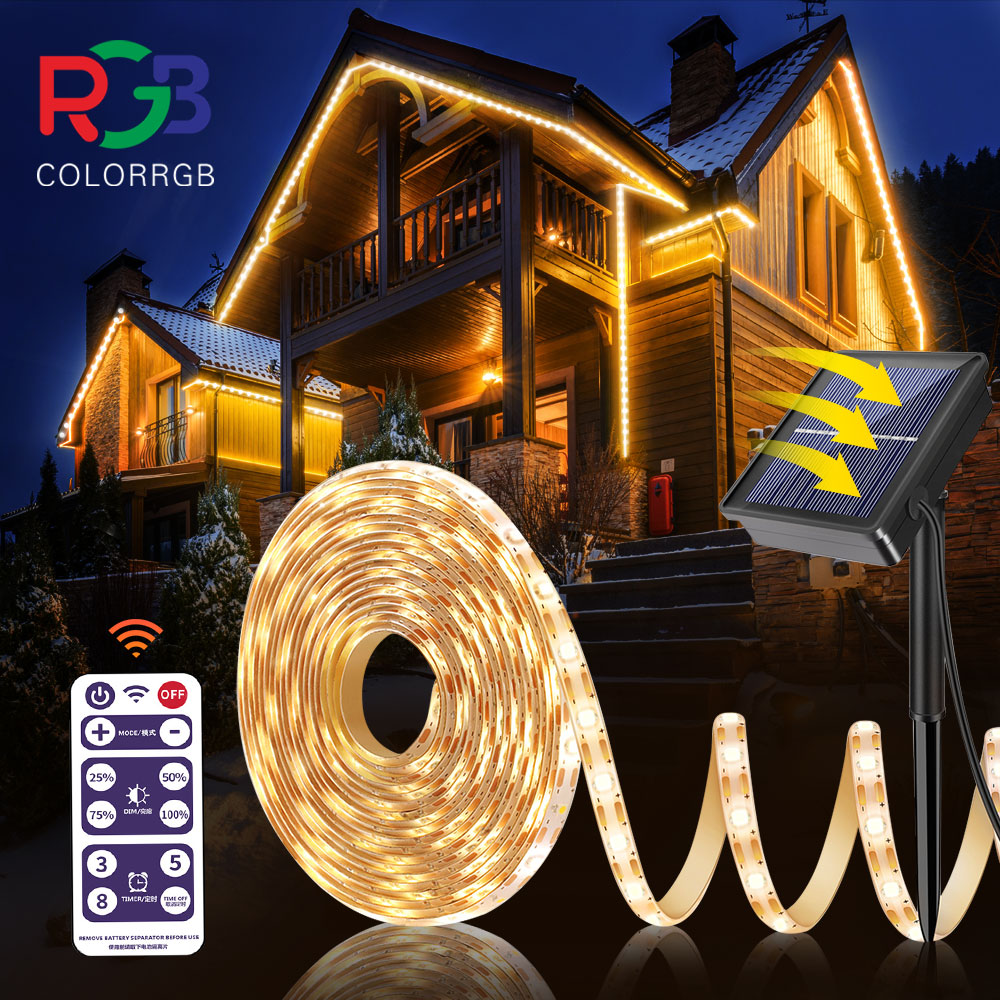 Solar led strip lys . 3m 5m 10m .  med fjernbetjening , 8 lystilstande automatisk tænd/sluk , ip67 vandtætte, gør-det-selv til hegn, tag, trappe,