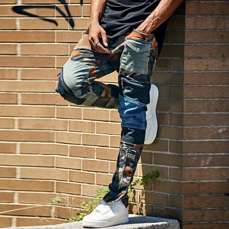 Trendy stitching jeans men European and American personality street patch beggar pants foreign trade straight leg pants men