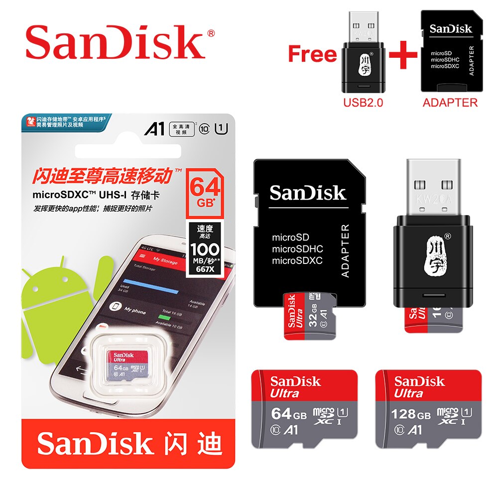 SanDisk-karta microSD TF 100% oryginalna, klasy 10, 16GB 32GB 64GB 128GB max 98Mb/s, karta pamięci, do smartfona i PC