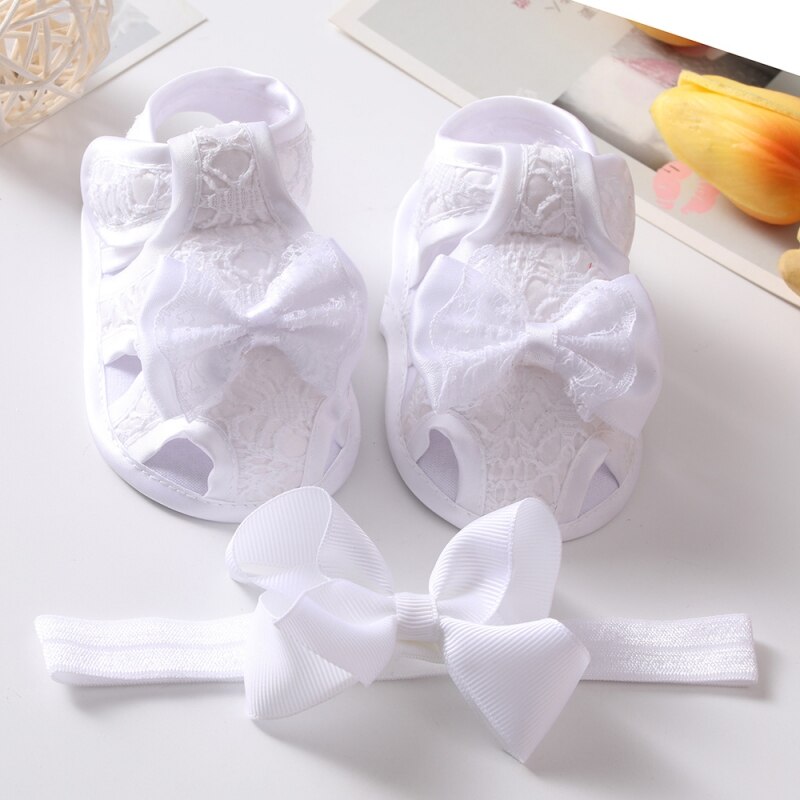 0-18M Baby Baby Meisje Zomer Strik Hollow Sandalen Peuter Soft Sole Wandelschoenen Pasgeboren Casual Schoenen hoofdband Set