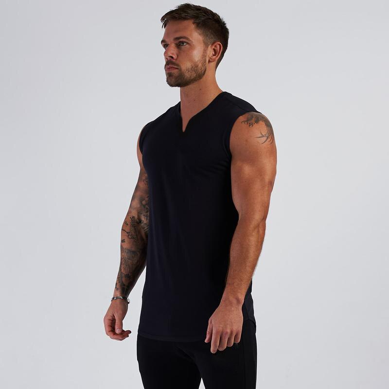 Compression Vest Bodybuilding Stringer Singlets Gym Tank Top Men Fitness Clothing V-neck Cotton Running Sleeveless T Shirt: black / XXL