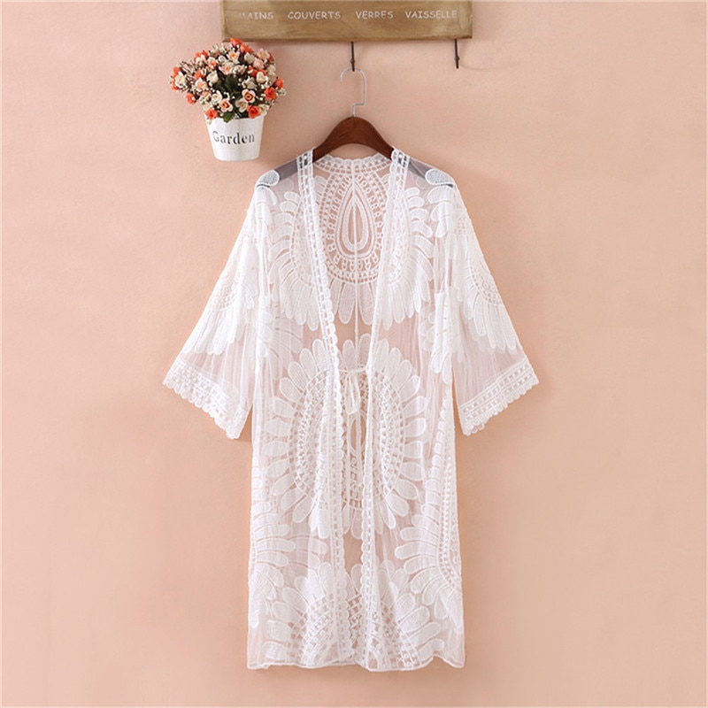 Sommer badedragt blonder hul hæklet strand bikini cover  up 3/4 ærmer kvinder toppe badetøj strand kjole hvid strand tunika skjorte