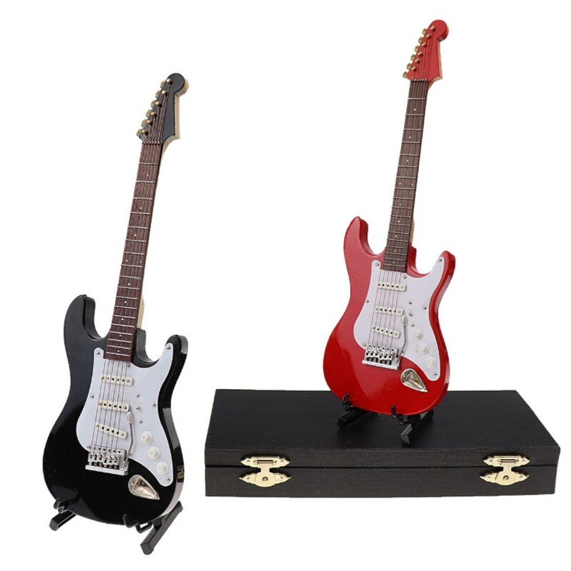 Houten Miniatuur Elektrische Gitaar Met Stand En Case Mini Muziekinstrument Miniatuur Poppenhuis Model