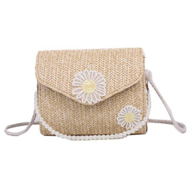 Halmvävd väska kvinnlig vävd axel liten fyrkantig väska wild pearl crossbody-väska