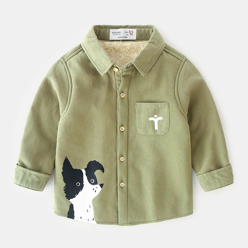 Primavera y otoño de algodón para niños más terciopelo grueso bebé de dibujos animados camisa para niños camisetas para niños: Verde militar / 18 meses