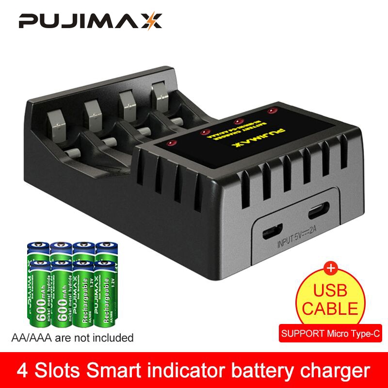 Pujimax 4 Slots Led Power Display Intelligente Batterij Oplader Micro Type-C Interface Voor Aa/Aaa Ni-cd Ni-Mh Oplaadbare Batterij