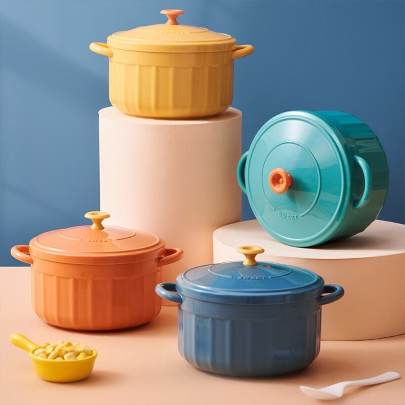 Handheld Bowl Anti-scald Noodle Soup Rice Ramen Bowl w 2 Handle Japanese Style Kitchen Tableware Blue/Cyan/Orange/Yellow