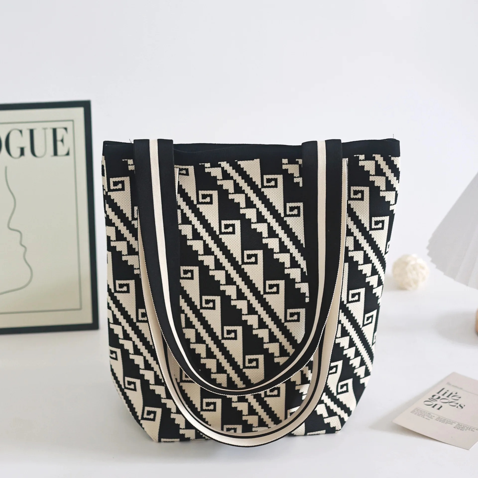 Bolso tipo cubo de punto de alta gama, bolso de hombro para mujer, bolso de de gran capacidad, estilo minimalista Neutral, fibra de poliéster: Gris