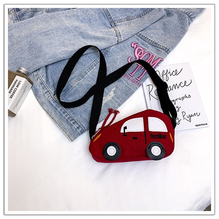 Mini Bag Eccentric Personality Hong Kong Style Girl's Bag Car Canvas Messenger Bag Children's Bag: Red