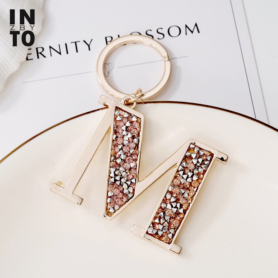 Into.zby Trendy Letter Keychains Crystal Key Rings Key Holder Initials Keychain Light Rose Gold Color Jewelry Bag Key: K002-M