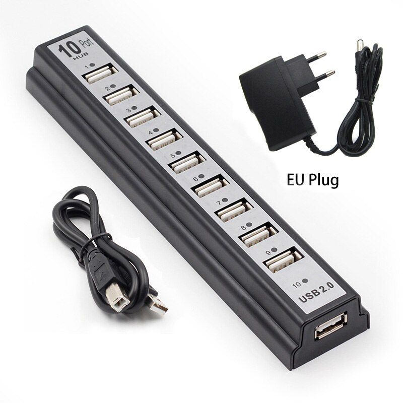 Usb 2.0 10 -poorts hub, multi-usb-splitters, hoge snelheid 480 mbps usb 2.0- hub met eu/vs-stroomadapter voor pc, laptop en notebookcomputer