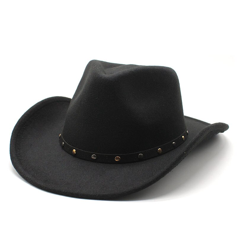 Wool Women Men Western Cowboy Hat Punk belt Gentleman Cowgirl Bowler Cap Jazz Church Cap Sombrero Hombre: black