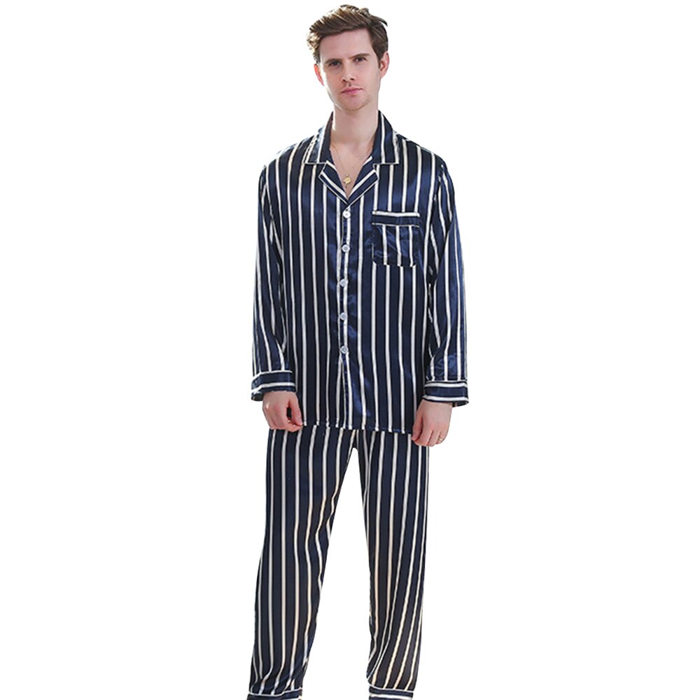 Striped Sleepwear Suit Spring Buttons Men Pajamas Sets Nightwear Casual Long Sleeve O Neck Thin Loose Pajamas Homewear: XXL
